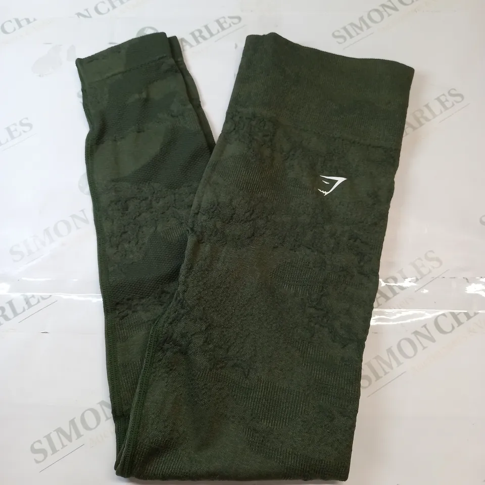 GYMSHARK TEXTURED PRINT LEGGINGS IN KHAKI GREEN SIZE MEDIUM