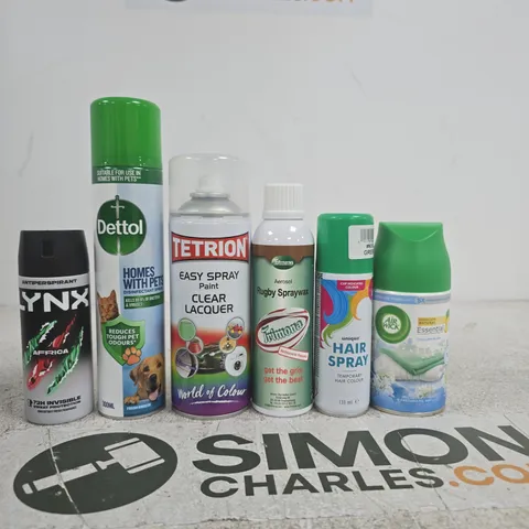 APPROXIMATELY 15 ASSORTED ITEMS INCLUDING AIR WICK FRESHMATIC REFILL, UNIQUE HAIR SPRAY AND TRIMONA AEROSOL RUGBY SPRAYWAX