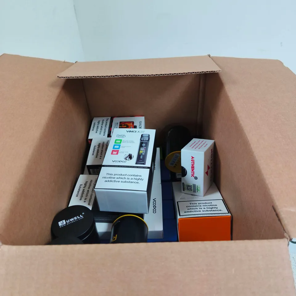 BOX OF APPROXIMATELY 25 ASSORTED E-CIGARETTES AND COMPONENTS TO INCLUDE ASPIRE POCKEX, VINCI X, IGNITION ETC