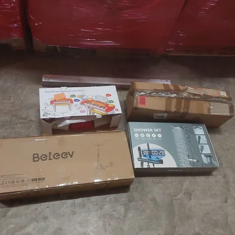 PALLET CONTAINING ASSORTED ITEMS TO INCLUDE: SCOOTER, SHOWER SET, SLIMLINE HEATER, ARTIFICIAL CHRISTMAS TREE, TOY KEYBOARD SET ECT