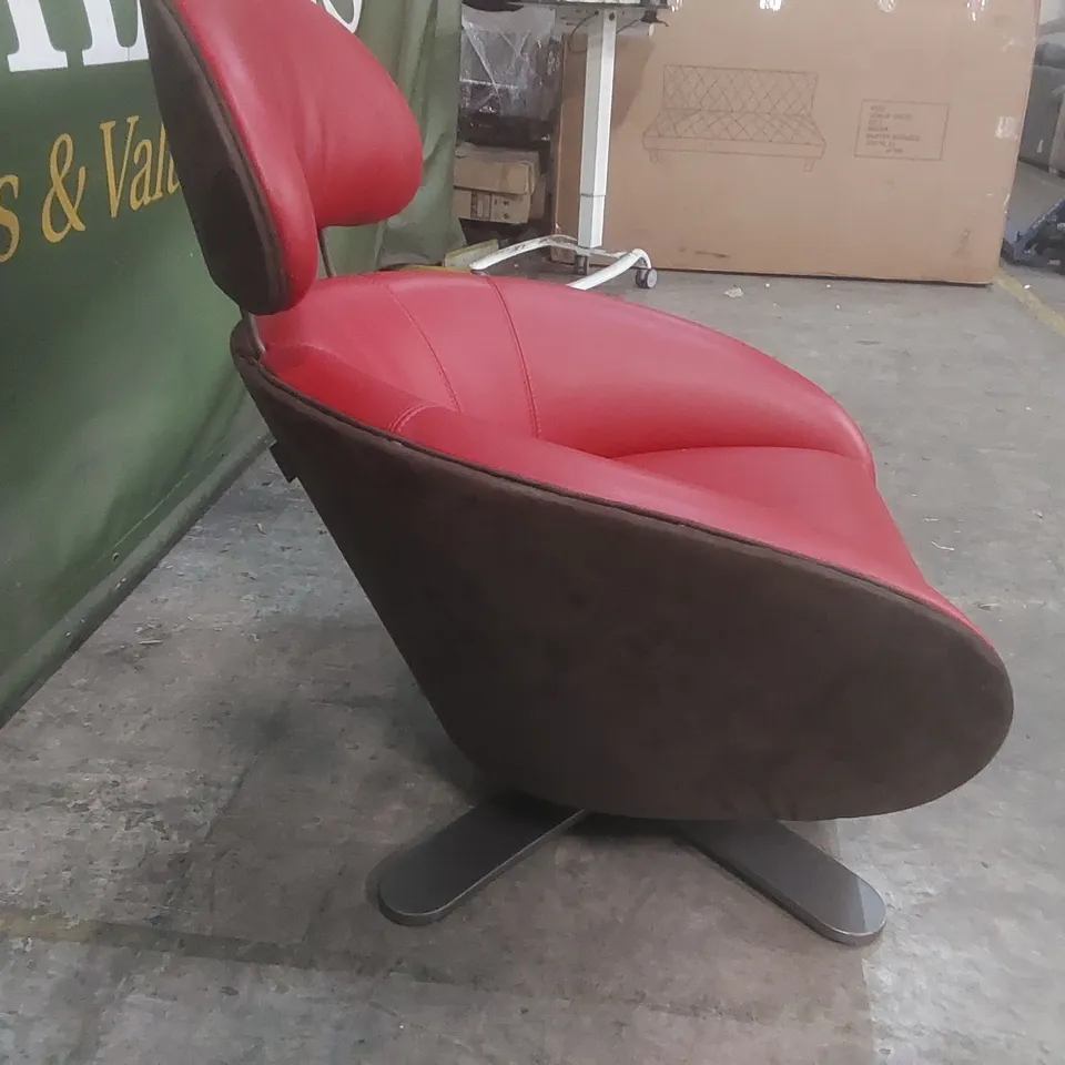 QUALITY DESIGNER ITALIAN MADE LEATHER UPHOLSTERED COCONUT SWIVELLING ARMCHAIR WITH SUEDE BACK AND REMOVABLE HEADREST
