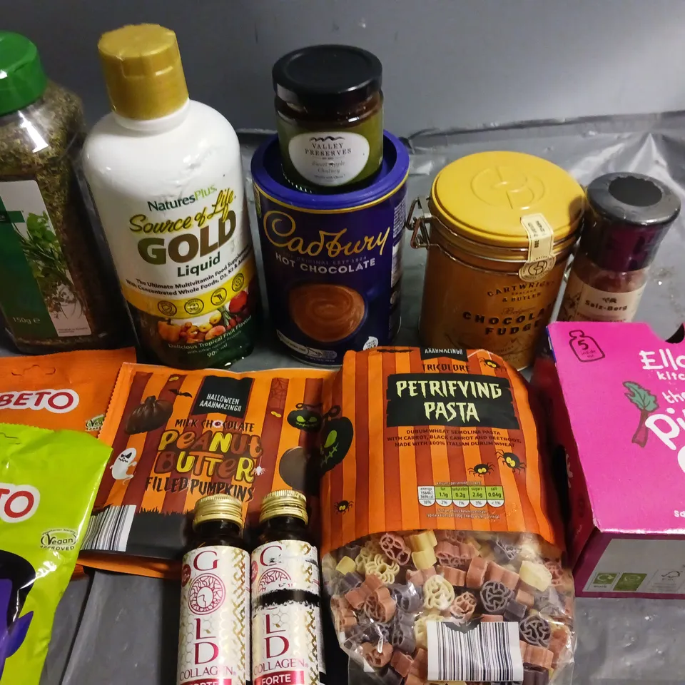 LOT OF 13 ASSORTED FOOD ITEMS TO INCLUDE NATURES PLUS GOLD LIQUID MULTIVITAMINS, GOLD COLLAGEN AND CHOCOLATE FUDGE