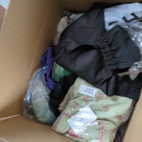 RANDOM ASSORTED BOX OF CLOTHING WOMEN/MENS/KIDS SIZES VARY: BLACK V-NECK TOP WITH TURQUOISE TRIM, BEIGE TROUSERS & PACKAGED GREEN FLORAL GARMENT (3 ITEMS)
