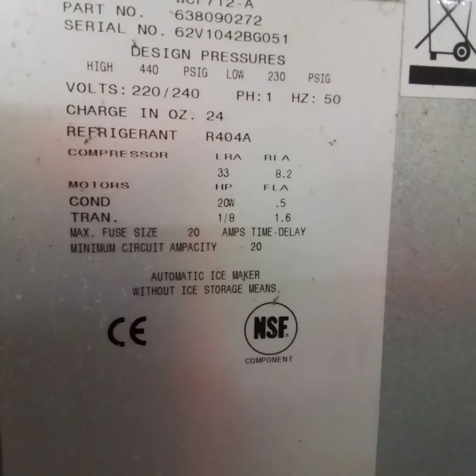 FOLLETTS COMPACT ICE MACHINE & STORAGE HOPPER Model WCF712-A