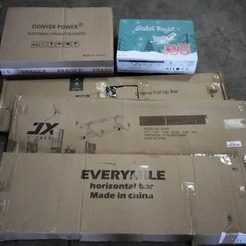 PALLET OF ASSORTED ITEMS INCLUDING DONYER POWER ELECTRICAL CONVECTOR HEATER, DOOR FRAME PULL UP BAR, EVERYMILE HORIZONTAL BAR, CHRISTMAS TRAIN SET, YUDA, TOY SWORD