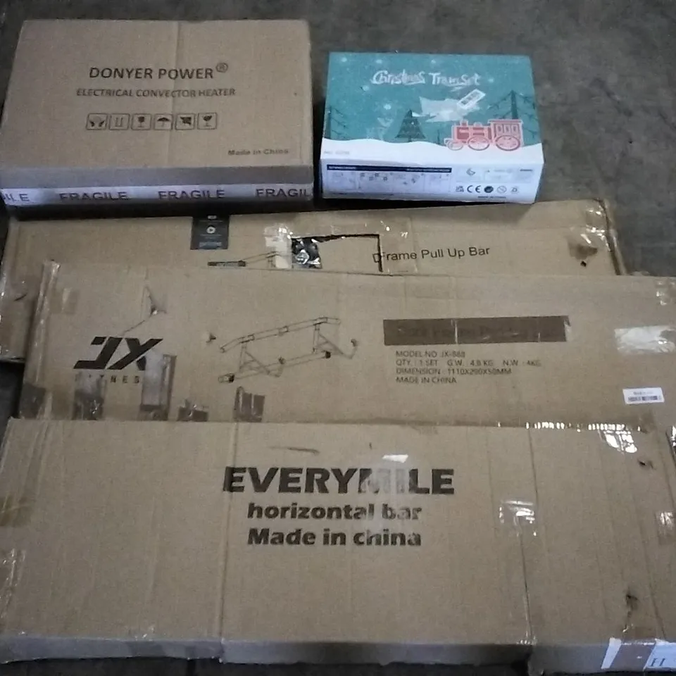 PALLET OF ASSORTED ITEMS INCLUDING DONYER POWER ELECTRICAL CONVECTOR HEATER, DOOR FRAME PULL UP BAR, EVERYMILE HORIZONTAL BAR, CHRISTMAS TRAIN SET, YUDA, TOY SWORD
