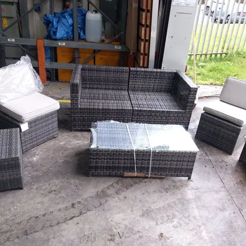 DESIGNER RATTAN EFFECT GARDEN SET TO INCUDE; SOFA, GLASS TOPPED COFFEE TABLE AND 4 CHAIRS