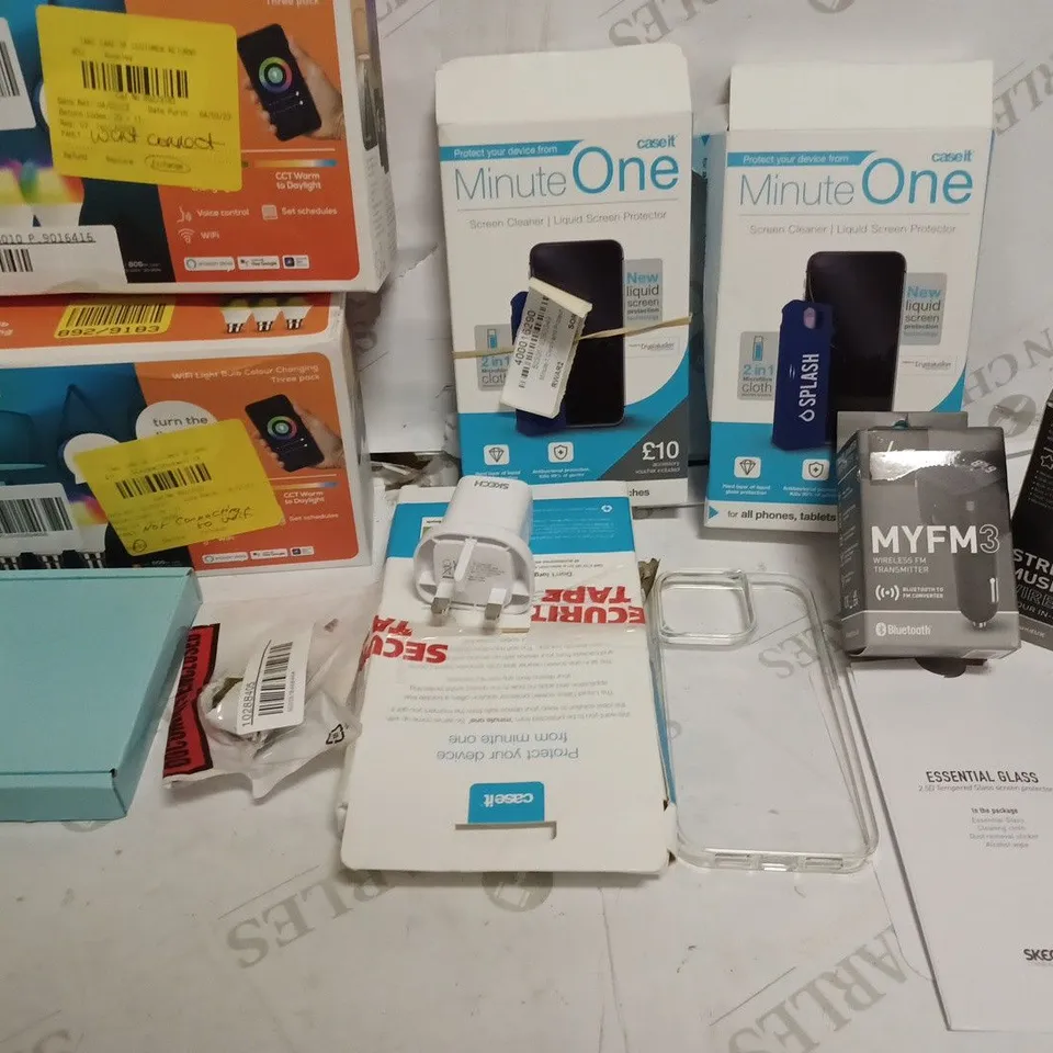 BOX TO CONTAIN APPROX. 17 X ASSORTED HOUSEHOLD PRODUCTS, INCUDES PHONES ACCESSORIES, LIGHTS, COMPUTER MOUSE ETC 