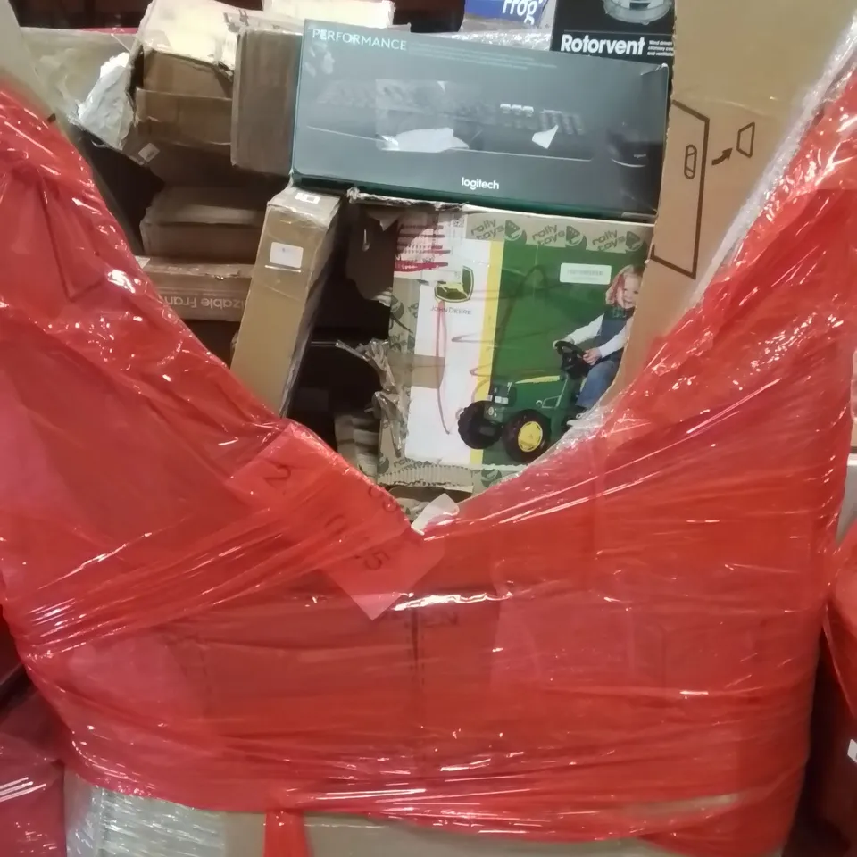 PALLET CONTAINING VARIOUS ASSORTED BOXED HOUSEHOLD ITEMS TO INCLUDE: FOLDING CARTS, LOGITECH KEYBOARD, WIND DRIVEN CHIMNEY COWL, AND LOTS MORE UNMARKED BOXED ITEMS 