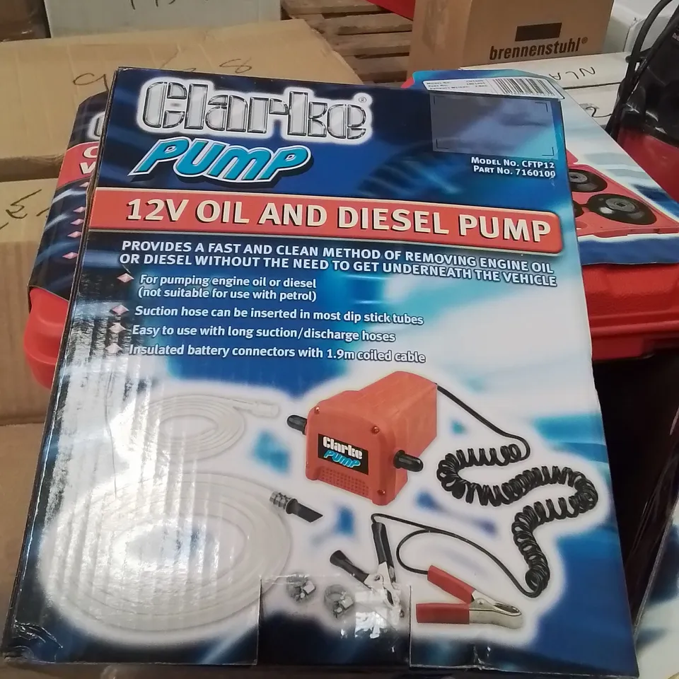 MIXED BOX OF TOOLS TO INCLUDE: CLARKE OIL FILTER CAP WRENCH SET, PROFESSIONAL AIRLINE TYRE INFLATOR AND 12V OIL AND DIESEL PUMP