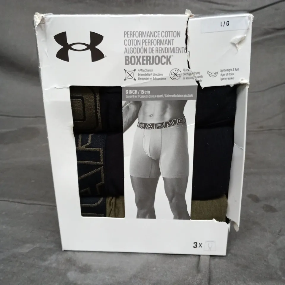 UNDER ARMOUR BOXERJOCK 6-INCH MEN'S BOXER BRIEFS – 3 PACK - GREEN/BLACK - SIZE L