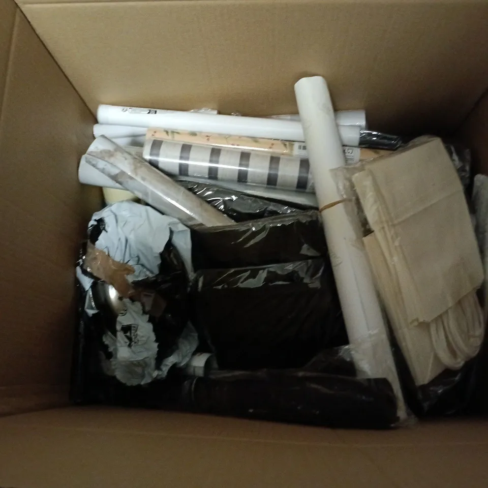 BOX OF APPROXIMATELY 20 ASSORTED HOUSEHOLD ITEMS INCLUDING BLUE VELVET CUSHION , PLAIN GIFT BAGS AND SILICONE SEALANT 