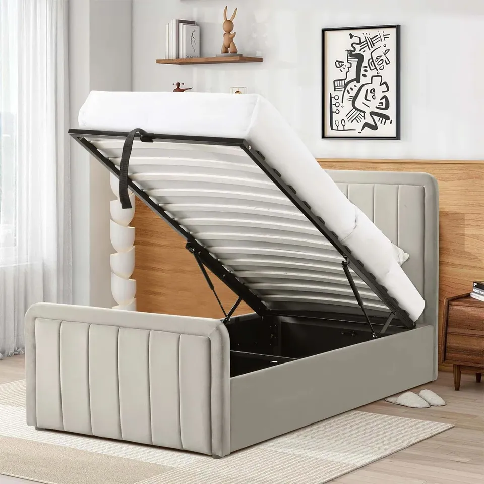 BOXED ALTGELD UPHOLSTERED OTTOMAN BED - CREAM VELVET // SIZE: 3FT SINGLE (3 BOXES)