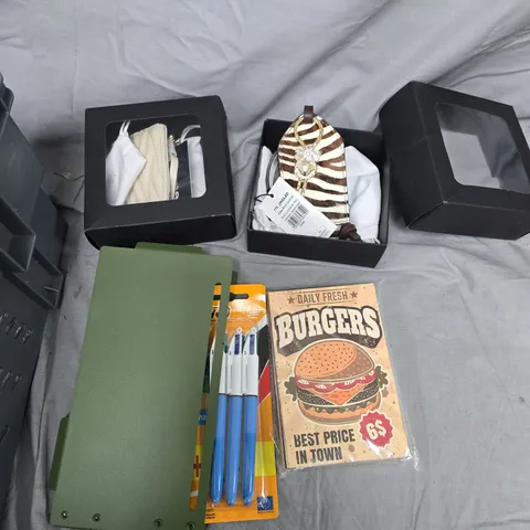BOX OF ASSORTED ITEMS TO INCLUDE - PENS - LUGGAGE TAGS - MOTH TRAPS 