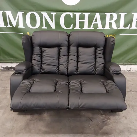 DESIGNER BLACK LEATHER 2-SEATER RECLINING SOFA WITH CUP HOLDERS