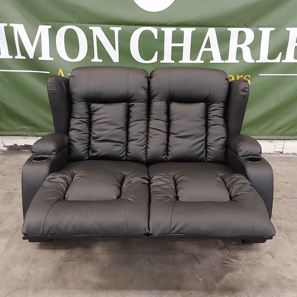 DESIGNER BLACK LEATHER 2-SEATER RECLINING SOFA WITH CUP HOLDERS 