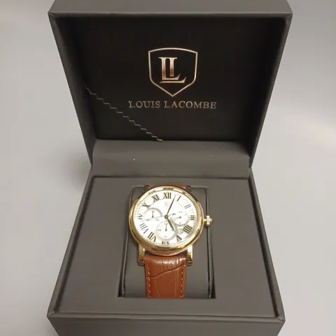 MENS LOUIS LACOMBE CHRONOGRAPH WATCH β MULTI FUNCTION DIAL WITH DATE β ROMAN NUMERAL DIAL β LEATHER STRAP