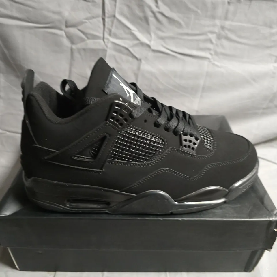 BOXED PAIR OF AIR JORDAN 4 RETRO BLACK SNEAKERS – MEN'S SHOES - UK SIZE 10