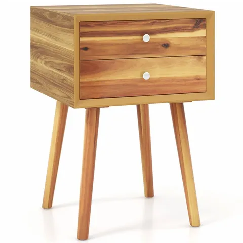 Boxed Costway 2 Drawer Natural Wooden Nightstand with Rubber Wood Legs