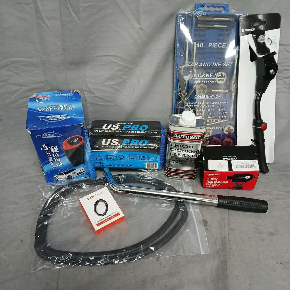 APPROXIMATELY 10 ASSORTED VEHICLE PARTS & ACCESSORIES TO INCLUDE TAP AND DIE SET, CAR TRASH BIN, LIQUID CHROME CLEANER, ETC - COLLECTION ONLY