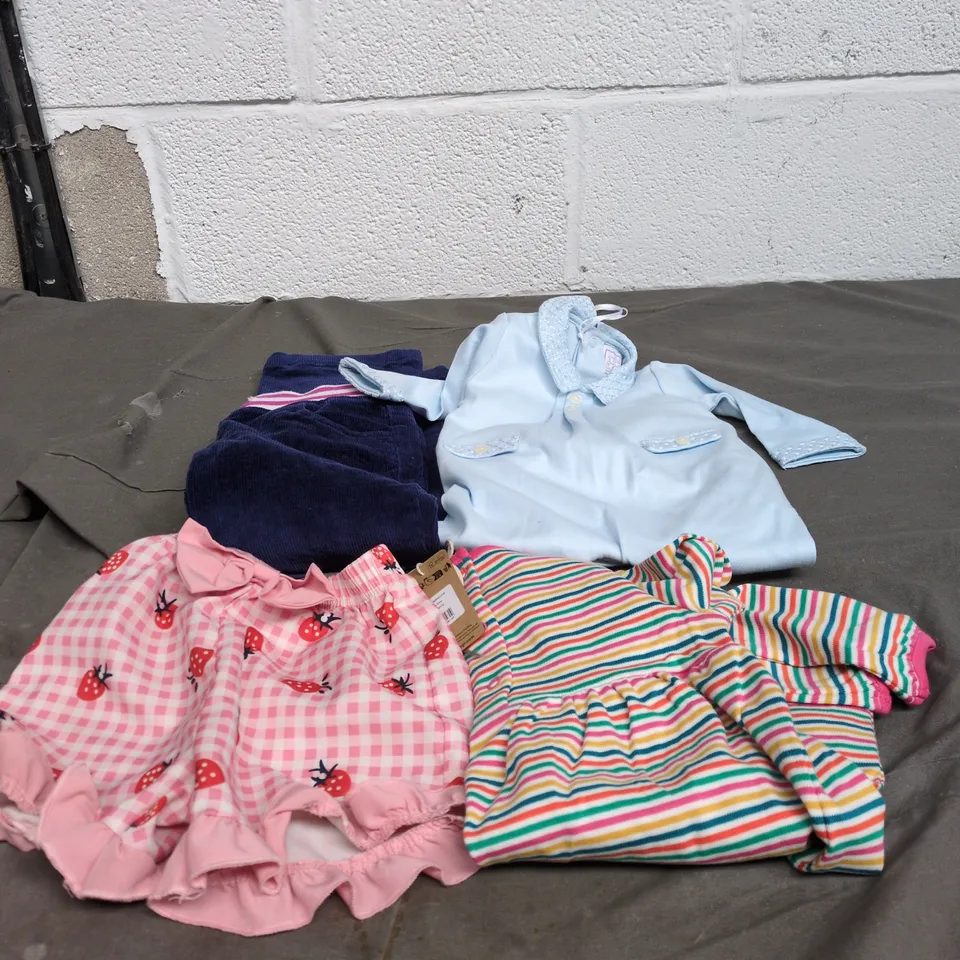 BOX OF APPROXIMATELY 20 ASSORTED CLOTHES/CHILDRENS CLOTHES TO INCLUDE KIDS BLUE TROUSERS, KIDS STRAWBERRY SHORTS, KIDS STRIPED DRESS ETC