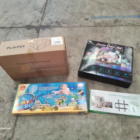 PALLET OF ASSORTED HOUSEHOLD GOODS AND PRODUCTS TO INCLUDE; CAMERA DANCE MAT, TV WALL BRACKET, PLAYPEN, BOXED FURNITURE ETC