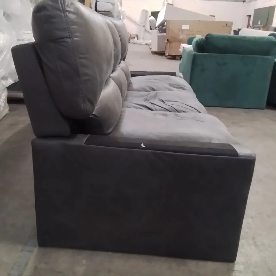 QUALITY DESIGNER 3 SEATER FABRIC UPHOLSTERED SOFA -DARK GREY- (CUSHION ARMS MISSING)