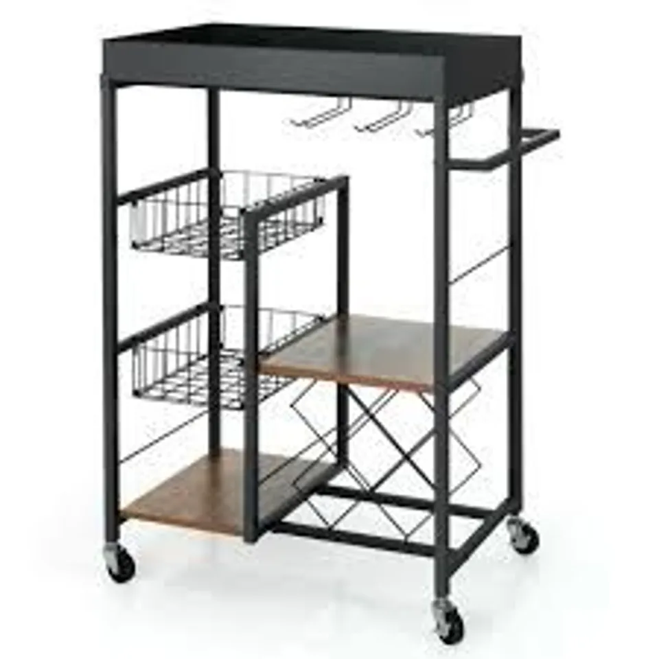 BOXED COSTWAY 4-TIER KITCHEN SERVING TROLLEY WITH WINE RACK AND GLASS HOLDER