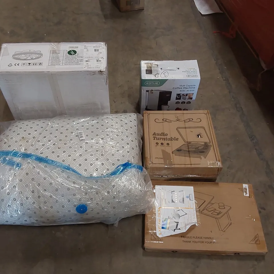 PALLET OF ASSORTED ITEMS INCLUDING: MULTI CAPSULE COFFEE MACHINE, AUDIO TURNTABLE, LED FAN LIGHT, LARGE RUG, LAPTOP DESK ECT