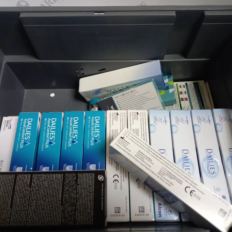 BOX TO CONTAIN APPROX. 30 X ASSORTED VISION CARE PRODUCTS. INCLUDES PACKS OF CONTACT LENSES & CONTACT LENSE CLEANING SOLUTION. BRANDS VARY - COLLECTION ONLY