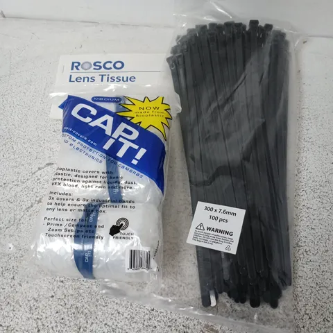 APPROXIMATELY 12 ASSORTED HOUSEHOLD ITEMS TO INCLUDE ZIP TIES, CAP IT BIOPLASTIC COVERS, LENS TISSUES, ETC