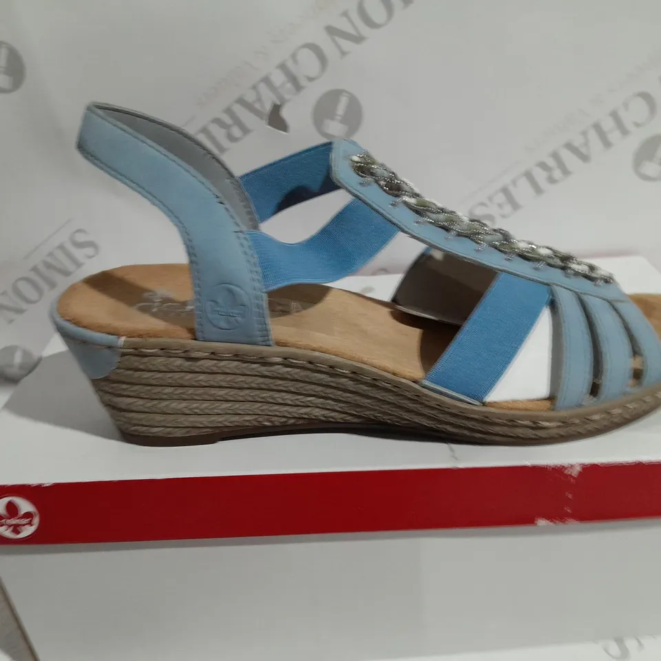 BOXED PAIR OF RIEKER BEADED SANDALS BLUE SIZE 6