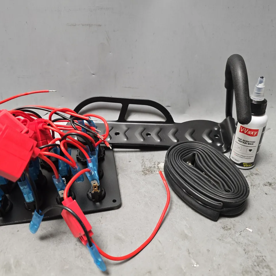 APPROXIMATELY 7 ASSORTED ITEMS TO INCLUDE - INNER TUBE , V-VAXY CAR SCRATCH REPIAR WAX ETC