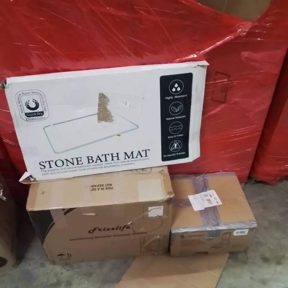 PALLET OF ASSORTED HOUSEHOLD GOODS AND PRODUCTS TO INCLUDE;STONE BATHMAT,COUNTERTOP OSMOSIS SYSTEM,CEREAL DISPENSER