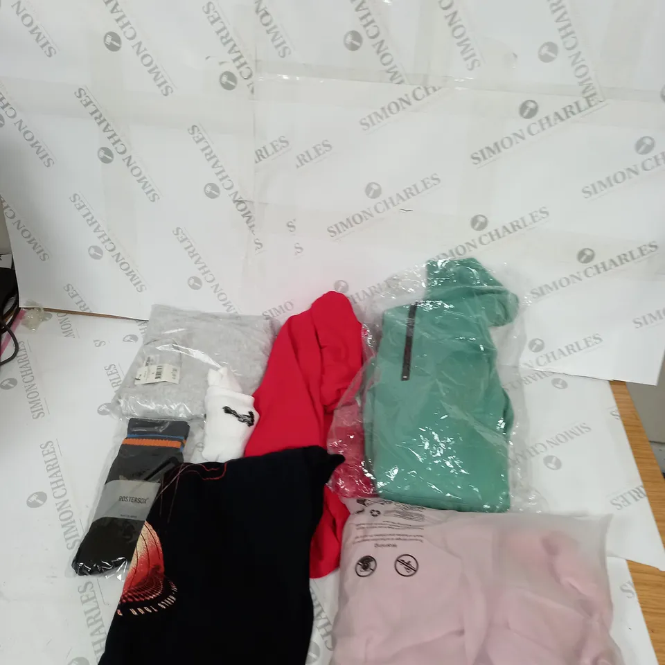 LARGE BOX OF ASSORTED CLOTHING ITEMS IN VARIOUS COLOURS AND SIZES INCLUDING TROUSERS , TOPS AND JUMPERS
