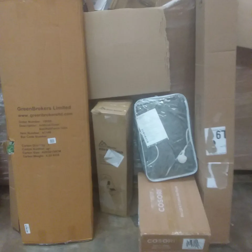 PALLET OF ASSORTED ITEMS INCLUDING ELECTRIC OVER BLANKET, PATIO UMBRELLA, HIGH BEACH CHAIR, AIR FRYER