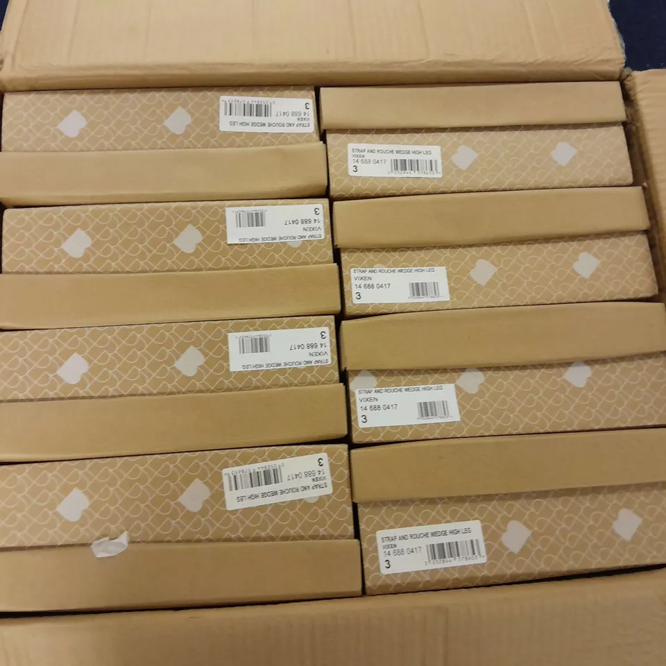 7 BOXED STRAP AND ROUCHE WEDGE HIGH LEG VIXEN BOOTS IN BROWN - SIZE 3
