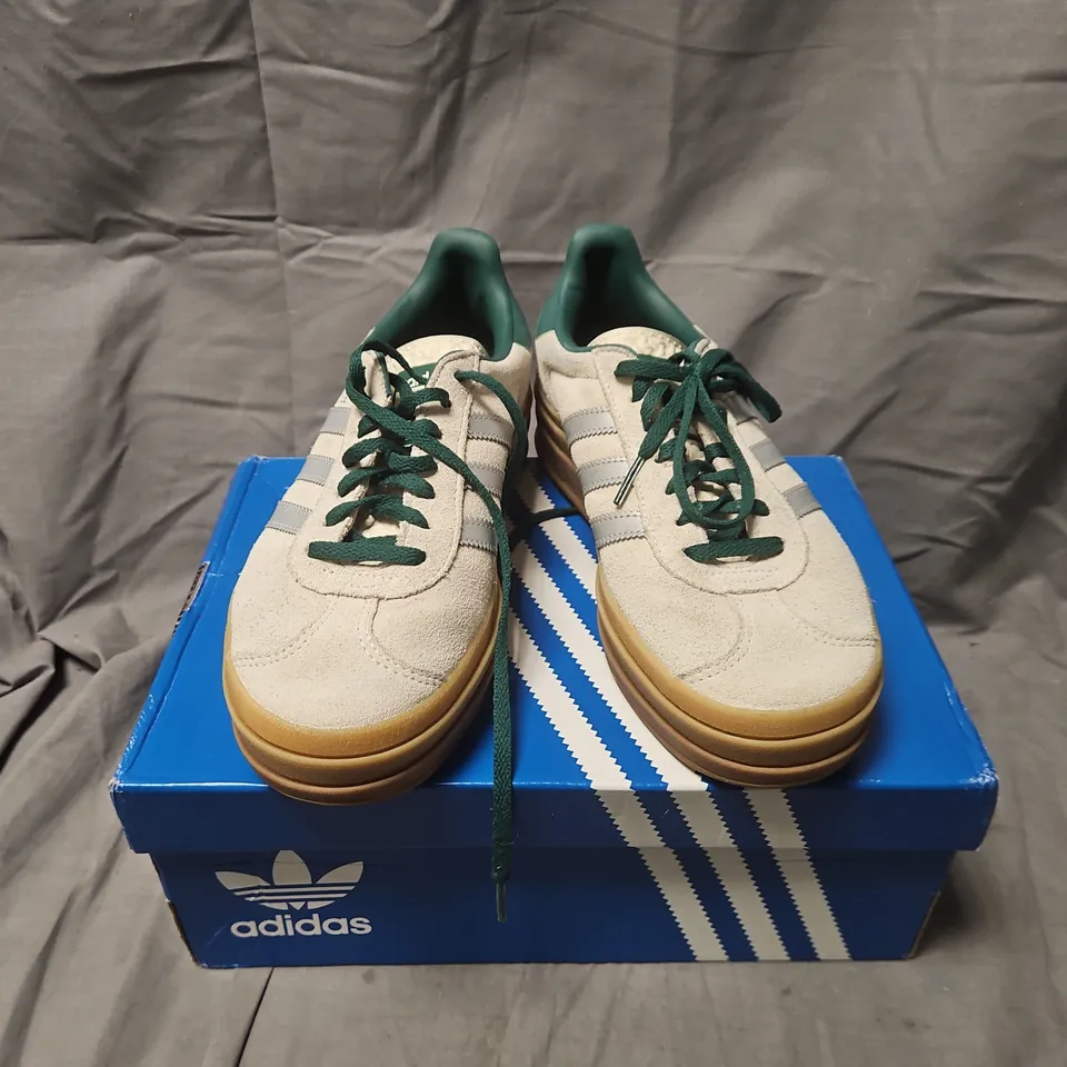 BOXED ADIDAS GAZELLE BOLD W WOMEN’S SNEAKERS – UK 6 (US 7.5) OFF-WHITE SUEDE WITH GREEN ACCENTS