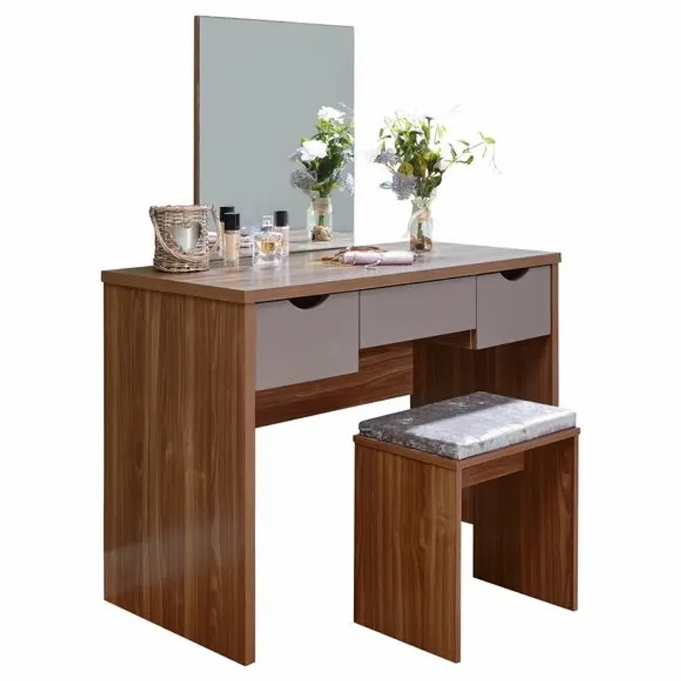 BOXED ELIZABETH WALNUT AND GREY DRESSING TABLE SET
