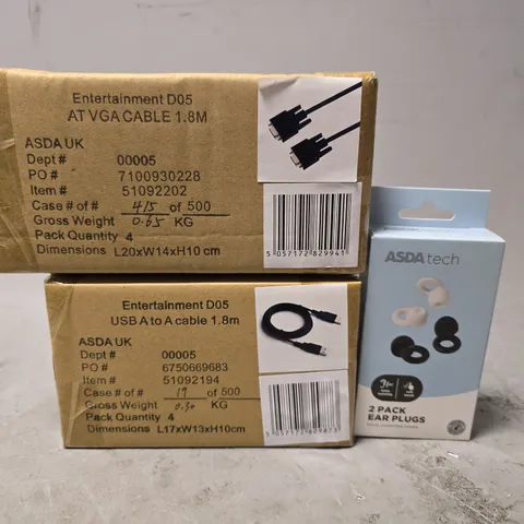 BOX OF APPROXIMATELY 18 ASSORTED ITEMS TO INCLUDE - 2 PACK EAR PLUGS , AT VGA CABLES 1.8M , USB A TO A CABLE