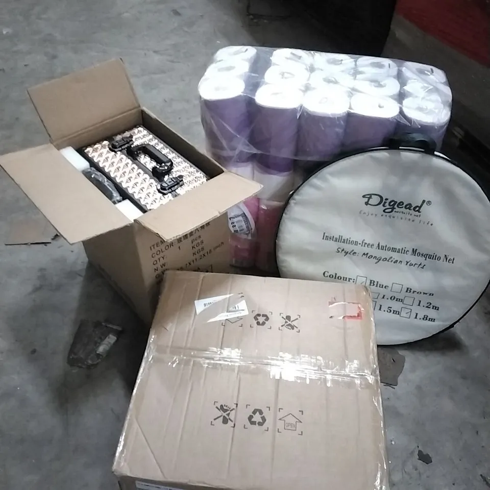 PALLET OF HOUSEHOLD ITEMS TO INCLUDE MAKE UP ORGANISER, MOSQUITO NET,TOILET ROLLS, CEILING FAN WITH LIGHT  AND OTHER ASSORTED ITEMS...