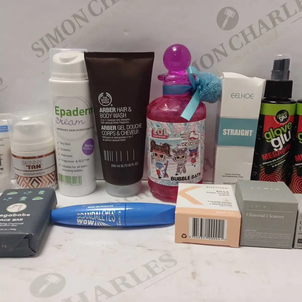 LOT OF APPROX 12 ASSORTED BEAUTY PRODUCTS TO INCLUDE ELF MOISTURIZER, THE BODY SHOP ARBER HAIR/BODY WASH, EEHLOE HAIR STRAIGHTENING CREAM, ETC 