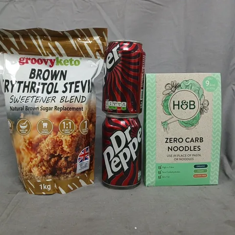 APPROXIMATELY 5 ASSORTED FOOD AND DRINK ITEMS TO INCLUDE DR PEPPER, ZERO CARB NOODLES, ETC