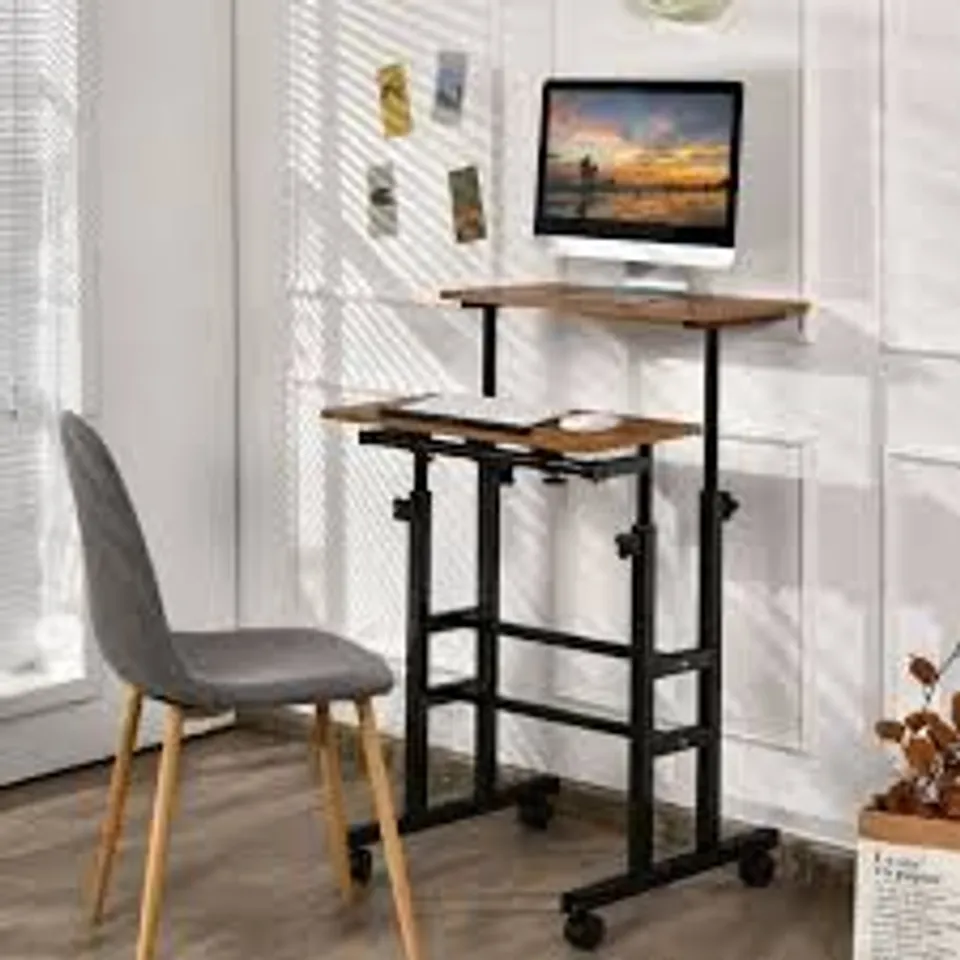 BOXED COSTWAY 2 TIER ADJUSTABLE STANDING DESK ON WHEELS - WALNUT (1 BOX)