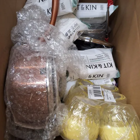 BOX CONTAINING ASSORTED PRODUCTS INCLUDING BABY WIPES, BACK SCRATCHER, CANDLES & 18CM SAUCEPAN WITH LID
