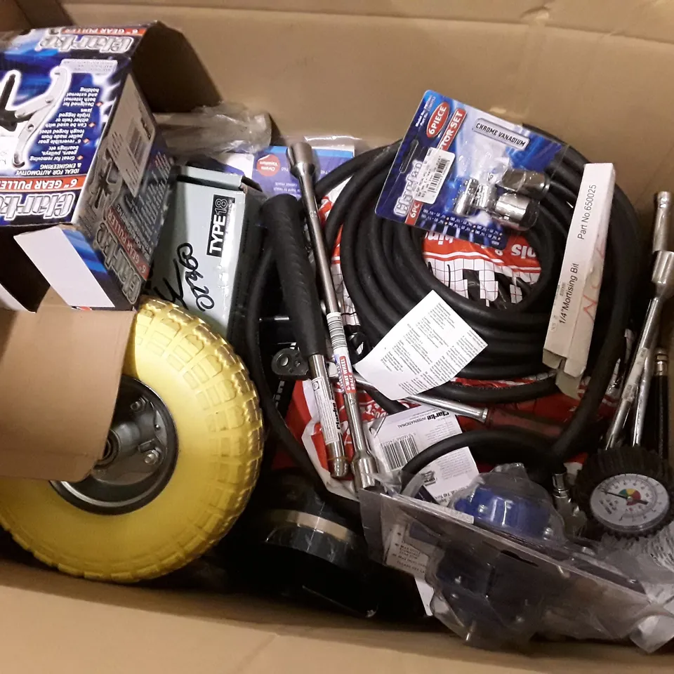 BOX CONTAINING ASSORTED ITEMS INCLUDING LONG NOZZLE BLOW GUN, HAND RIVETED KIT, HOT AIR GUN KIT, EMERGENCY WHEEL NUT REMOVAL TOOL