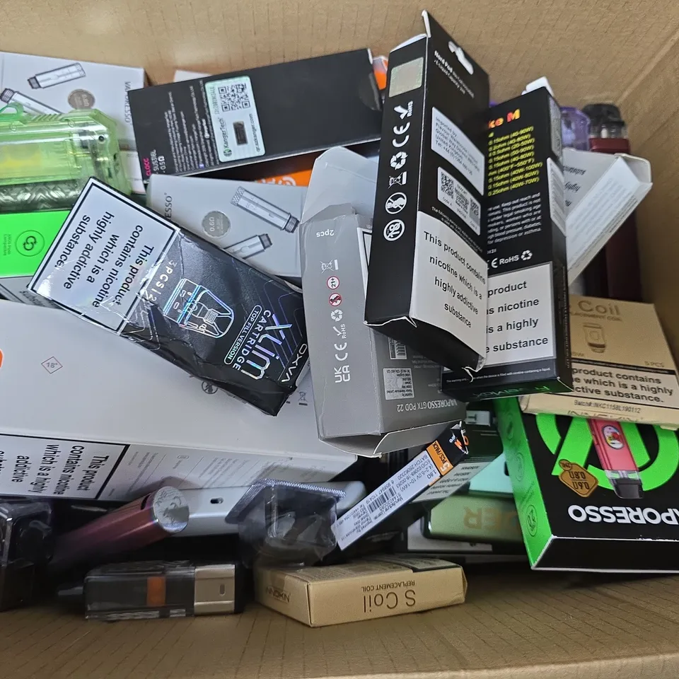 APPROXIMATELY 25 ASSORTED VAPE & E-CIGARETTE PRODUCTS TO INCLUDE BRANDS SUCH AS ASPIRE, VAPORESSO, UWELL, ETC