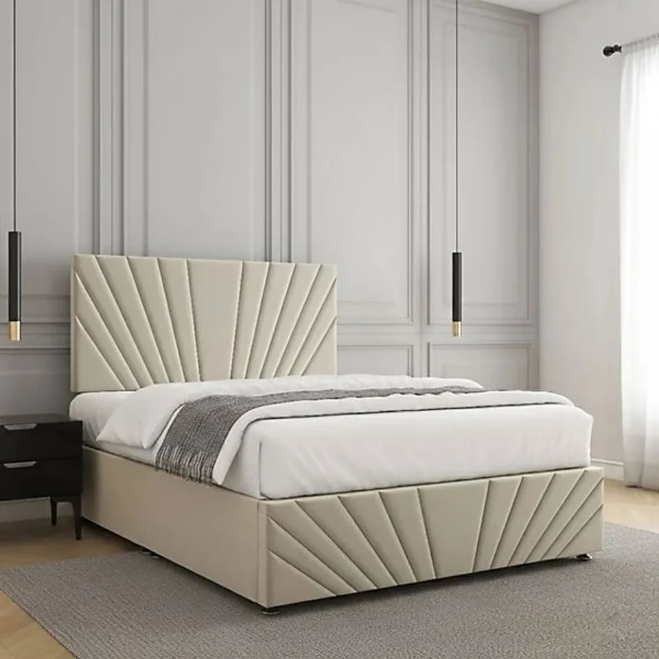 BOXED CREAM PLUSH VELVET LUXURY DIVAN BED SET 24INCH HEADBOARD & FOOTBOARD & MATTRESS NO DRAWERS 5FT (2 BOXES)