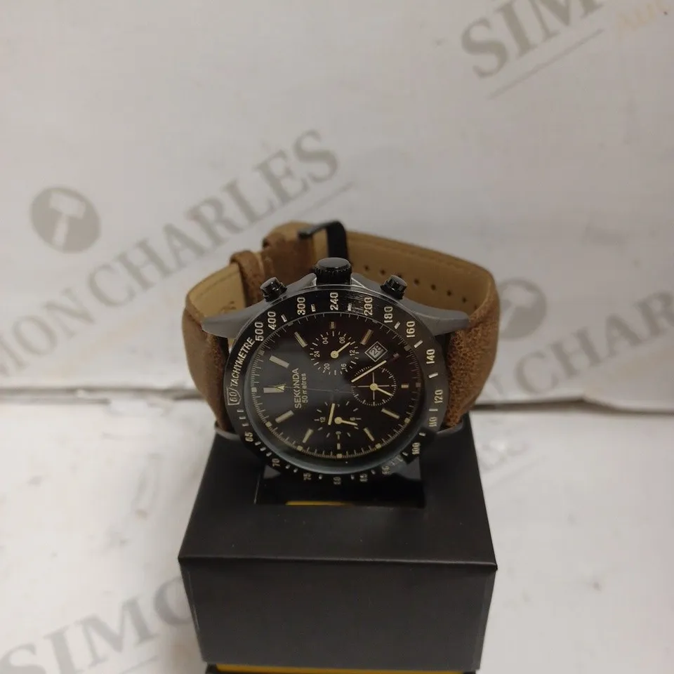 BOXED SEKONDA WATCH - STAINLESS STEEL BACK - LEATHER UPPER STRAP - JAPAN MOVEMENT - WATER RESISTANT 50M - SUB DIAL.