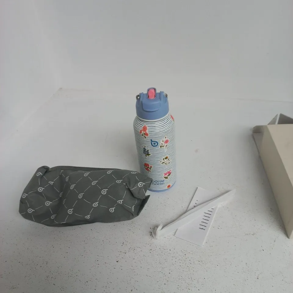 BOTTLEBOTTLE HYDRO X RIVIERA BLOOM WATER BOTTLE – FLORAL PATTERN, BLUE LID, WITH GREY SLEEVE (BOX INCLUDED)